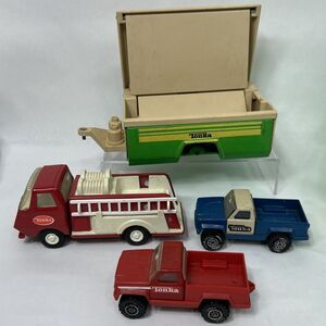 Vtg Tonka Lot Fire Truck Pumper Pick Up Pop-Up Camper Trailer Pressed Steel READ